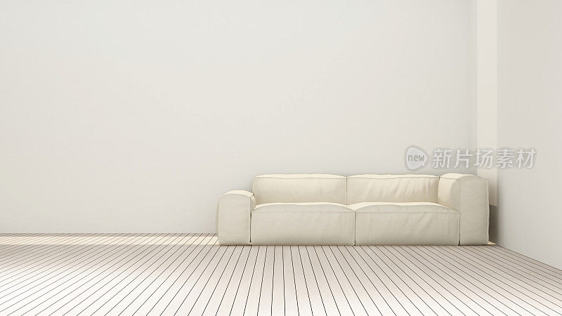 白色沙发在白色房间艺术品公寓或酒店-室内简单设计- 3D渲染